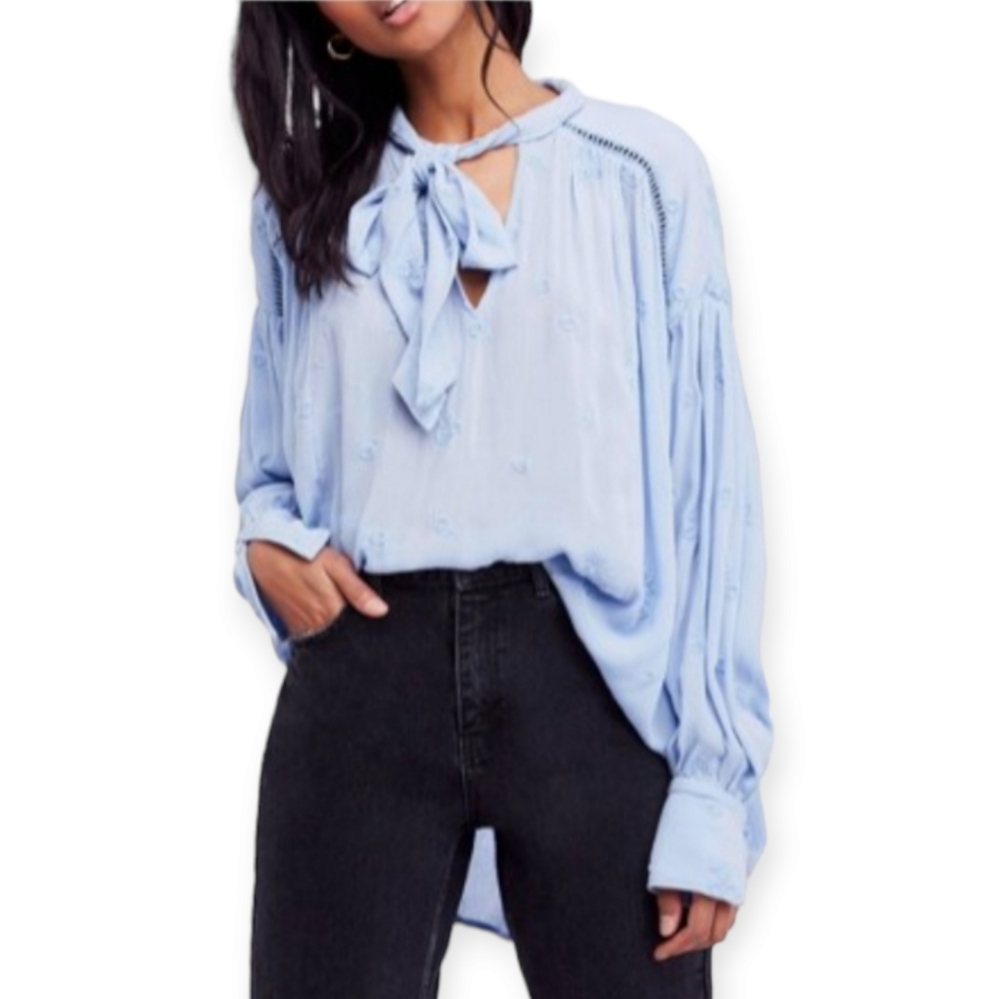 Free People Wishful Moments Tie Neck Embroidered Peasant Blouse Boho Size XS